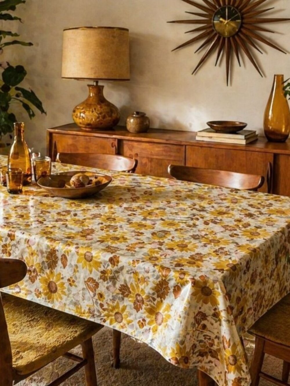 Vintage MCM 70's Vinyl Flannel Back Sunflower & Acorn Tablecloth Retro 70" x 50"